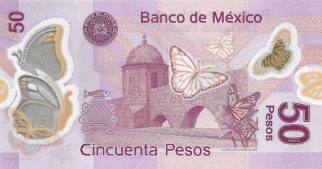 MEXICO 50 PESOS P123 2005 POLYMER B SERIES BUTTERFLY UNC LATINO MONEY WORLD NOTE 